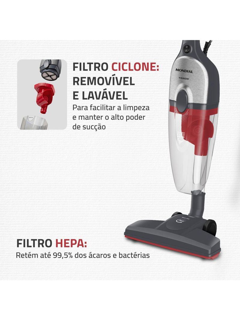 Aspirador De Pó Vertical Mondial Turbo Cycle HEPA AP-41-GI 1550W Cinza Com Inox 220V