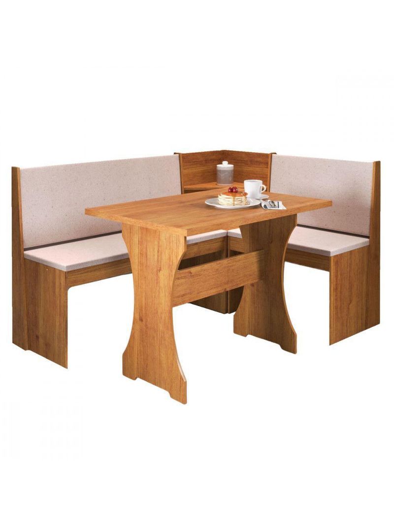 Mesa Com Banco Canto Estofado Golden Mel Tecido Linho Amendoa Viero Mel / Amendoa