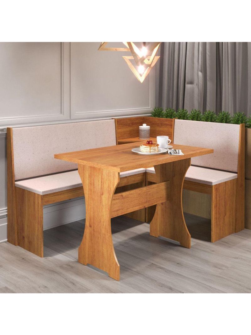 Mesa Com Banco Canto Estofado Golden Mel Tecido Linho Amendoa Viero Mel / Amendoa