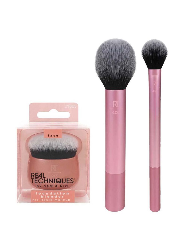 Real techniques kit com 3 pinceis – base + blush + finalização