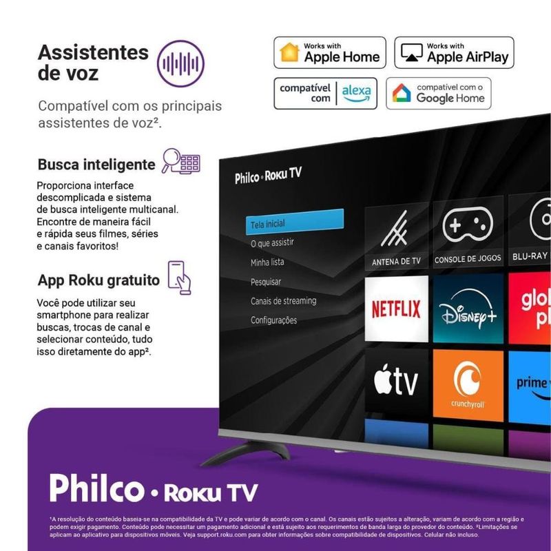 Smart tv 40" full hd philco p40cra roku tv hdr10 dolby audio