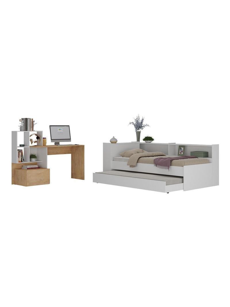 Conjunto Quarto Bicama Baú Com Prateleira E Escrivaninha Multimóveis Mp4126 Branco/rustic