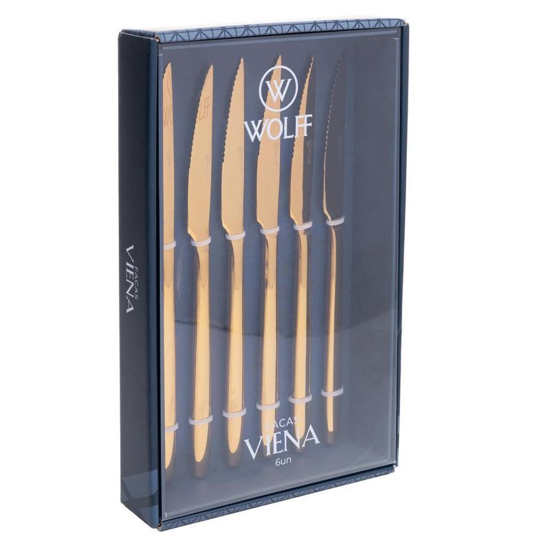 6 facas para churrasco viena dourado aço inox wolff
