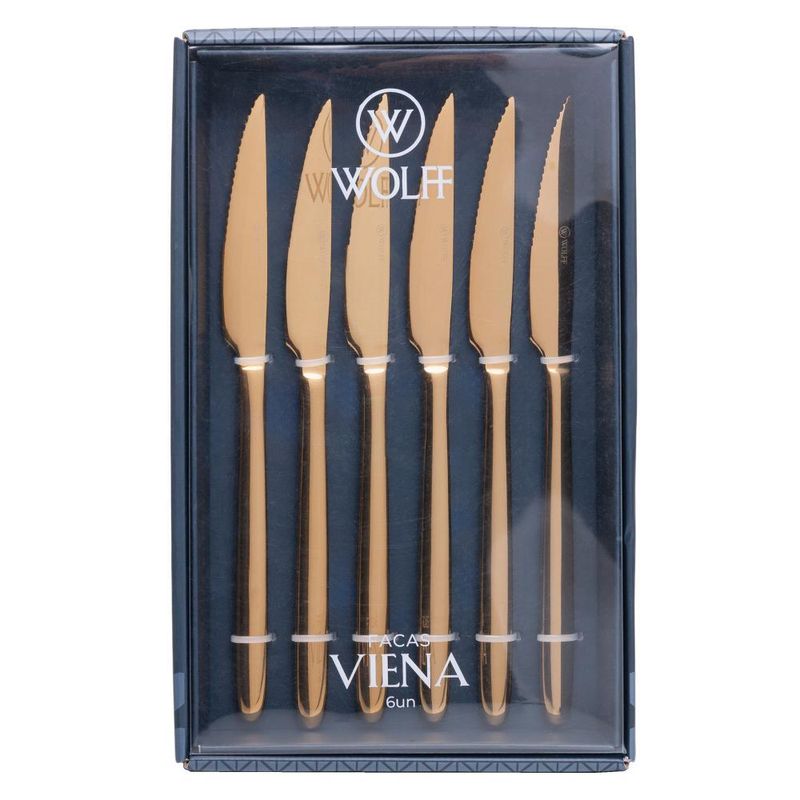 6 facas para churrasco viena dourado aço inox wolff