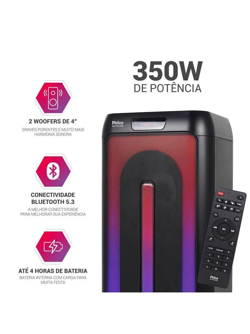 Caixa De Som Amplificada Philco 350W PCX4501 Flash Lights Bivolt