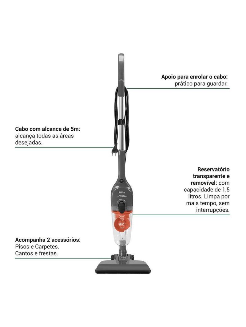 Aspirador De Pó Vertical Philco Ciclone 2 Em 1 1400W PAS1550C 220V