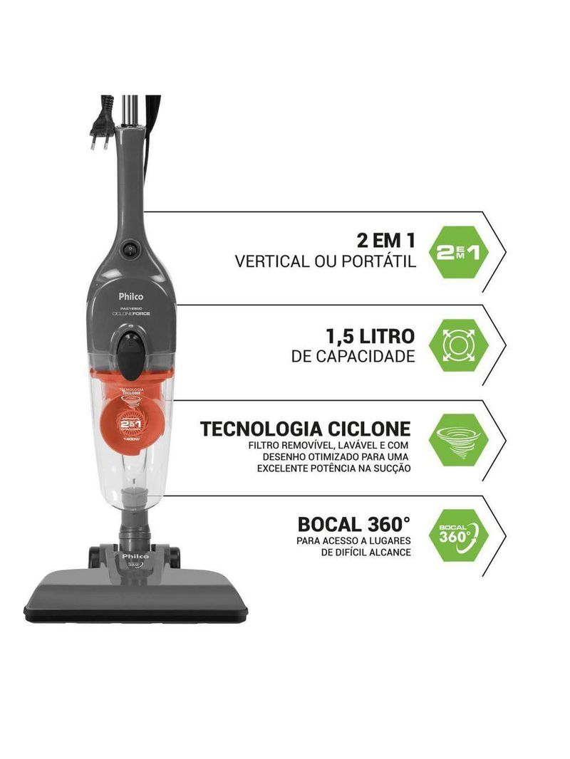 Aspirador De Pó Vertical Philco Ciclone 2 Em 1 1400W PAS1550C 220V
