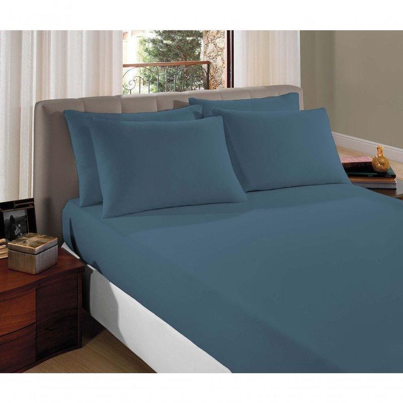 Lençol Casal Queen Liverpool Com Elástico Avulso 1 Peça Tecido Malha Fio 30/1 Penteado 100% Algodão - Azul Cobalto