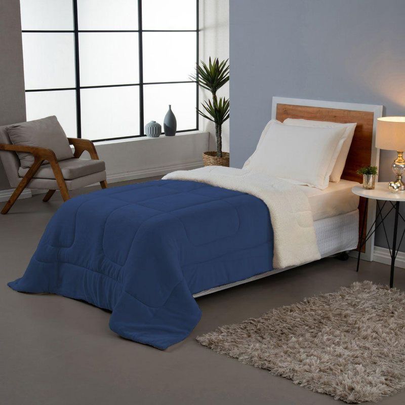 Coberdrom Dupla Face Solteiro Soft e Sherpa 100% Poliéster Azul Marinho Valle Enxovais