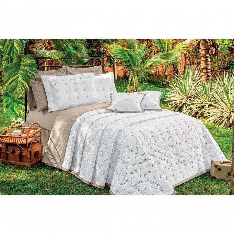 Kit Cobre Leito Istambul Casal King Size 5 Peças Percal 100% Algodão Bordado - Branco
