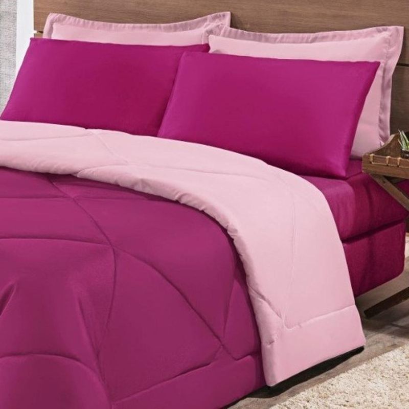 Kit Edredom + Jogo De Lençol Aconchego Look House Dupla Face Casal Queen 06 Peças - com estilo na cor Pink E Rosa
