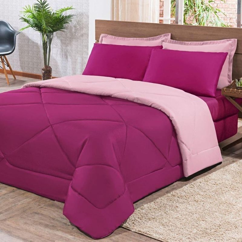 Kit Edredom + Jogo De Lençol Aconchego Look House Dupla Face Casal Queen 06 Peças - com estilo na cor Pink E Rosa