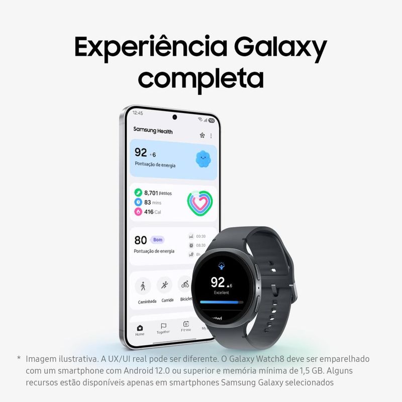 Smartwatch samsung galaxy watch8 44mm lte tela cristal safira gps grafite