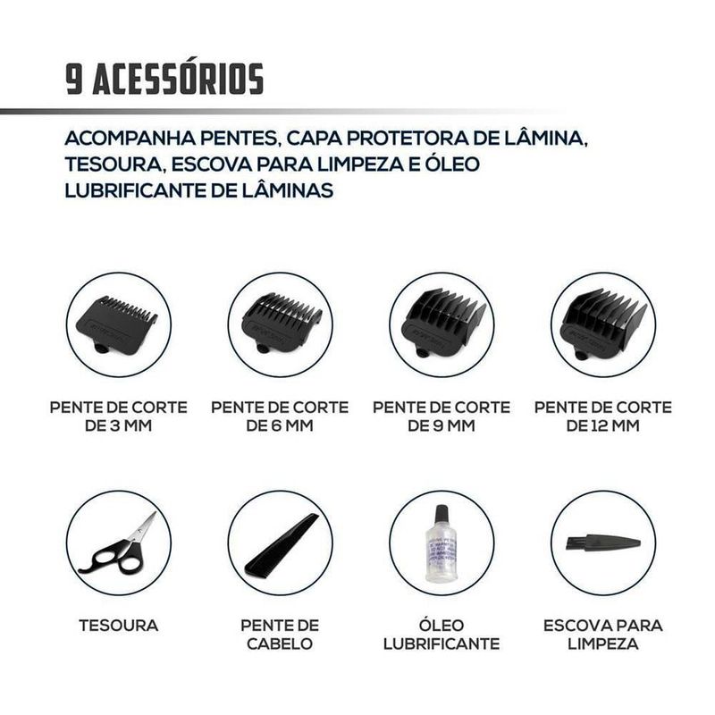 Máquina de cortar cabelo britânia bcr03 18w com 9 acessórios - preto