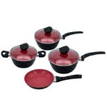 Conjunto de Panelas Antiaderente Alumínio Tampa de Vidro 4 Peças Preto e Vermelho