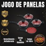 Conjunto de Panelas Antiaderente Alumínio Tampa de Vidro 4 Peças Preto e Vermelho