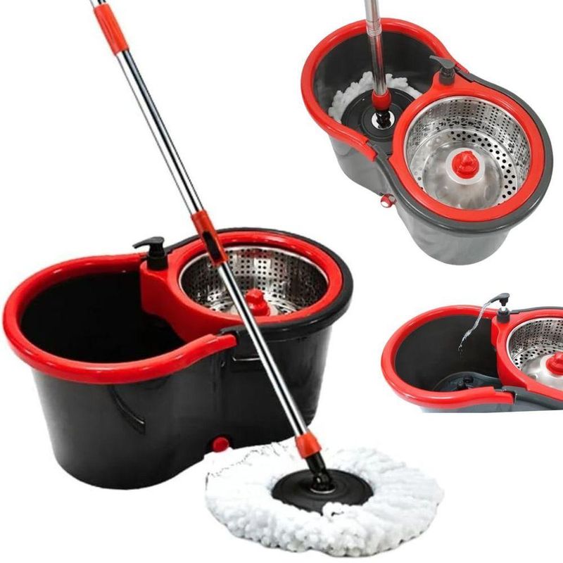 Mop Giratorio com Balde Pro para Limpeza de Piso 13L Microfibra com Rodas e Alca Cinza Top
