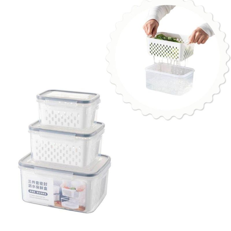 Kit 3 Potes Herméticos Com Cesto Escorredor