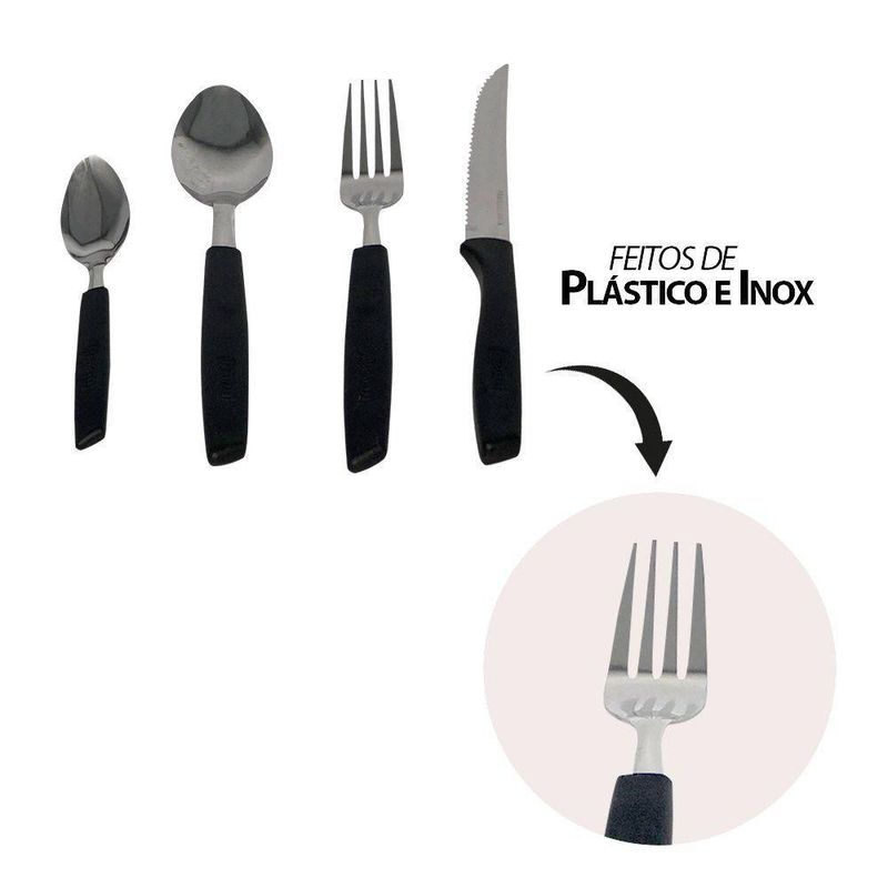 Conjunto de Talheres Capri 25 Peças Plástico e Inox Aço Inox Preto Fosco com Suporte Fratelli