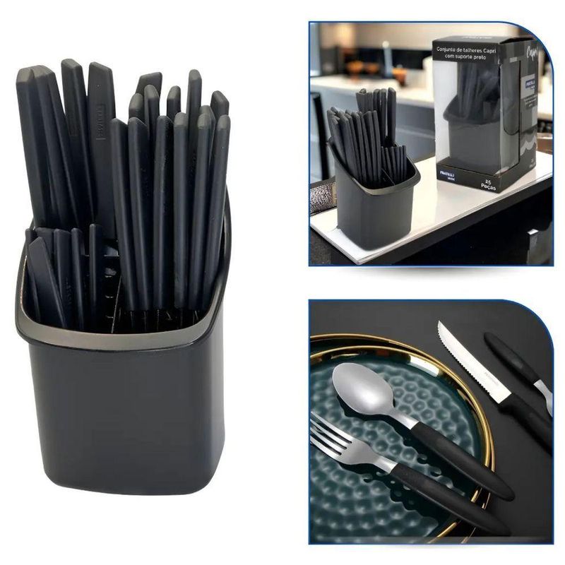 Conjunto de Talheres Capri 25 Peças Plástico e Inox Aço Inox Preto Fosco com Suporte Fratelli