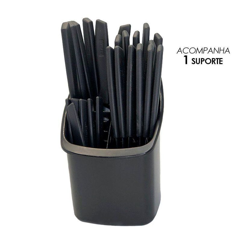 Conjunto de Talheres Capri 25 Peças Plástico e Inox Aço Inox Preto Fosco com Suporte Fratelli