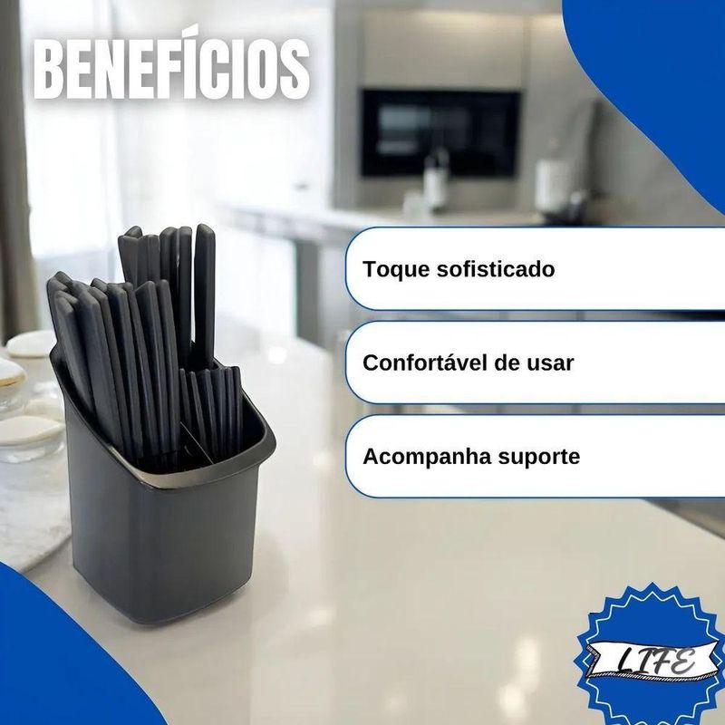 Conjunto de Talheres Capri 25 Peças Plástico e Inox Aço Inox Preto Fosco com Suporte Fratelli