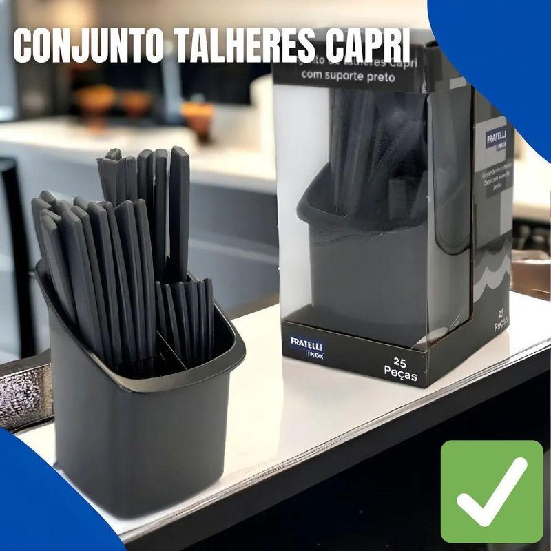 Conjunto de Talheres Capri 25 Peças Plástico e Inox Aço Inox Preto Fosco com Suporte Fratelli