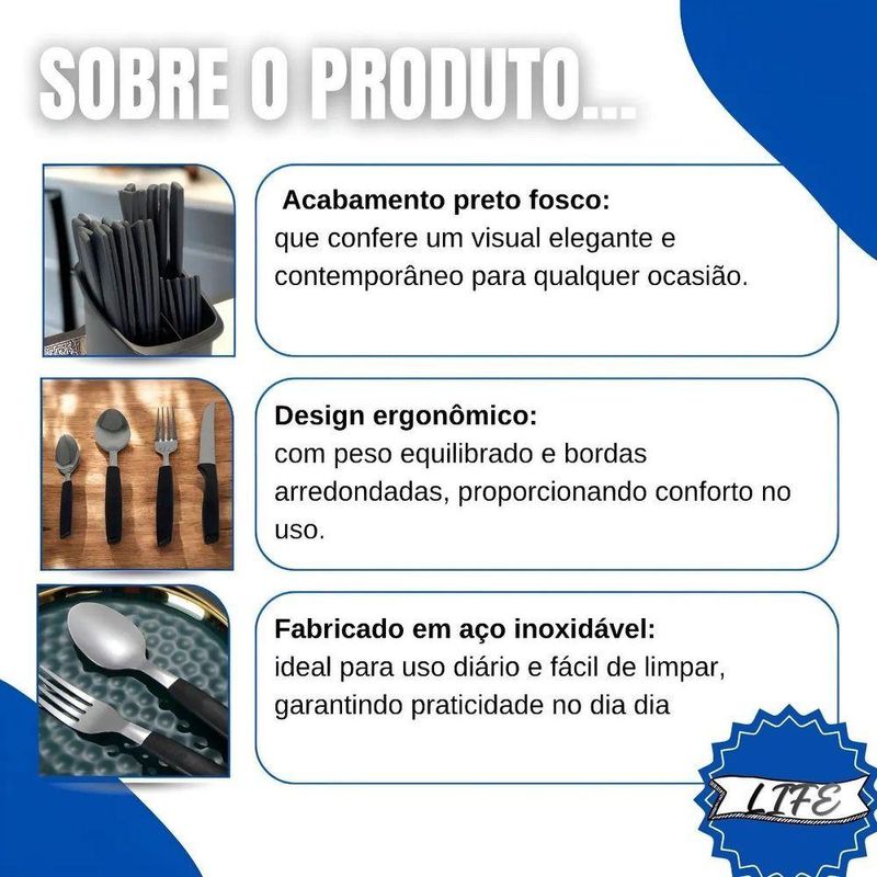 Conjunto de Talheres Capri 25 Peças Plástico e Inox Aço Inox Preto Fosco com Suporte Fratelli