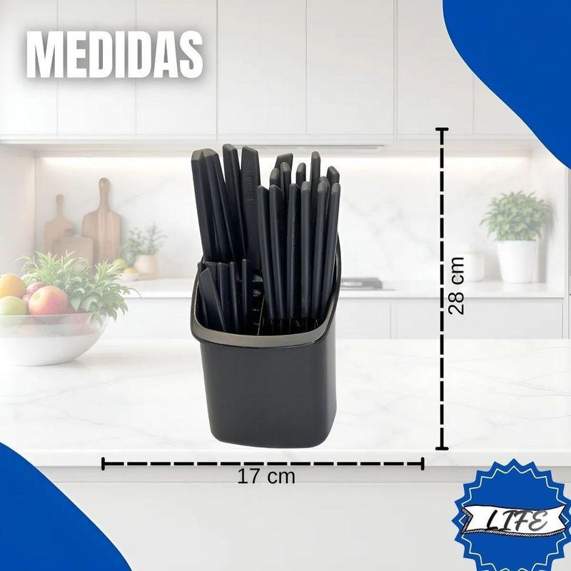 Conjunto de Talheres Capri 25 Peças Plástico e Inox Aço Inox Preto Fosco com Suporte Fratelli