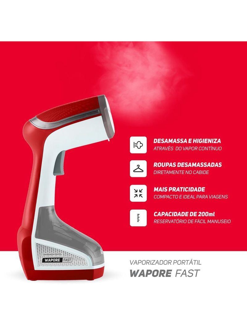 Vaporizador portátil wap wapore fast 1250 para desamassar e higienizar tecidos 1250w - branco/vermelho/cinza