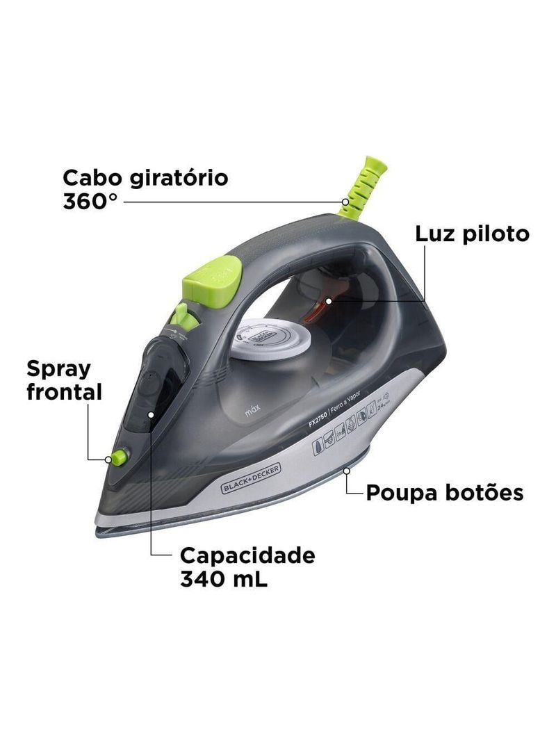 Ferro a vapor black+decker fx2750 antigotejamento base cerâmica gliss cabo giratório
