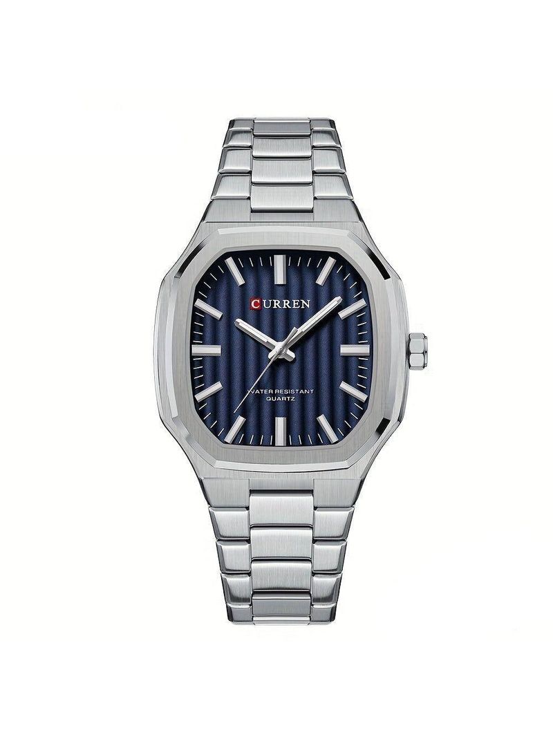 Relógio De Pulso Masculino Minimalista Quadrado De Quartzo De Aço Inoxidável Azul Prateado