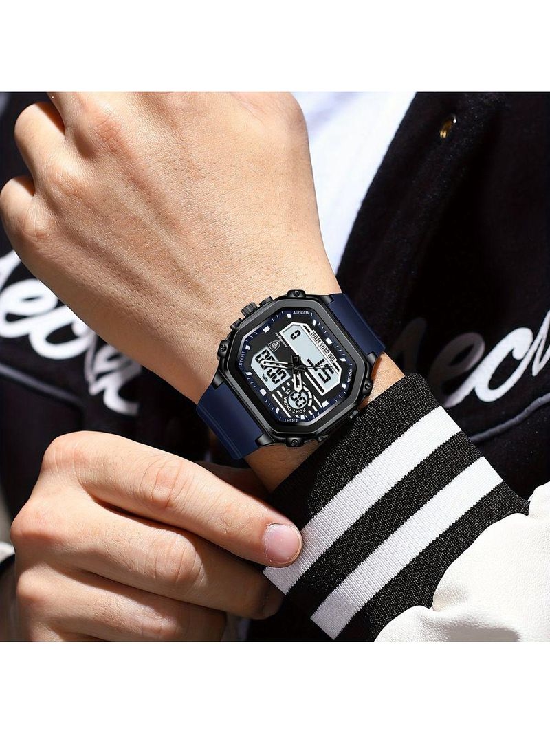 Relógio Esportivo Masculino Pulseira Em Silicone Display Híbrido Digital Analógico Azul