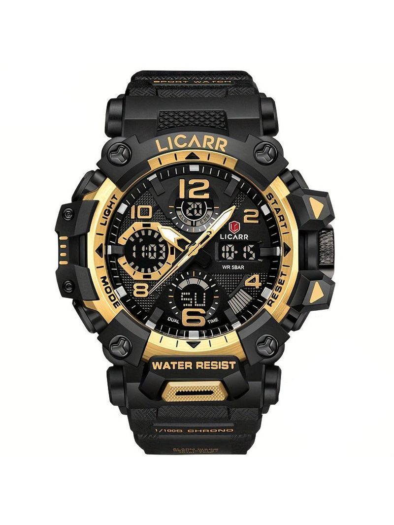 Relógio Digital Masculino à Prova De água 5atm Duplo Display Esportivo Quartzo Dourado Preto