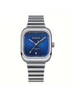 Relógio Casual Masculino De Quartzo Pulseira De Aço Inoxidável Quadrado Prata Azul
