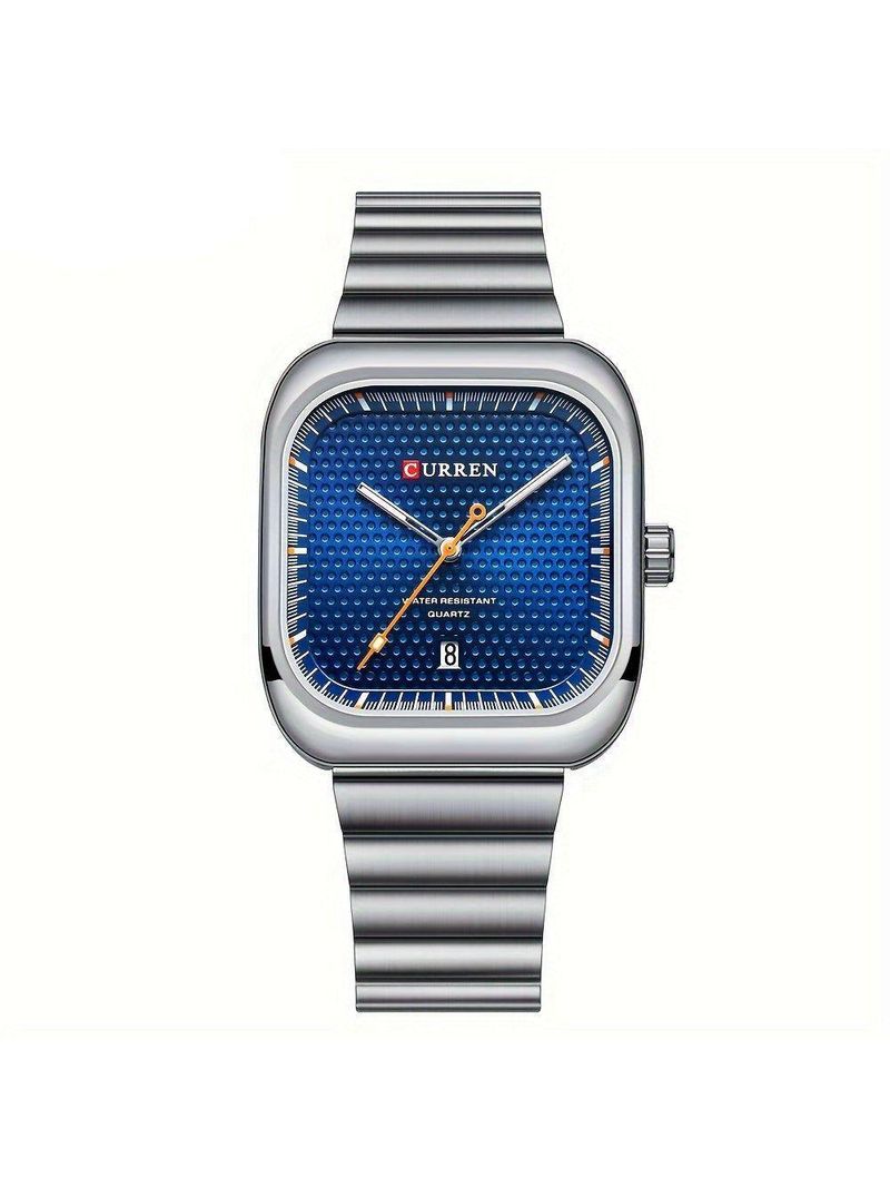 Relógio Casual Masculino De Quartzo Pulseira De Aço Inoxidável Quadrado Prata Azul