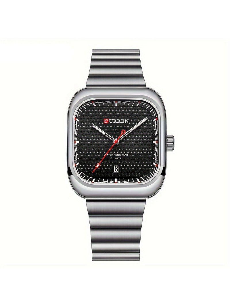 Relógio Casual Masculino De Quartzo Pulseira De Aço Inoxidável Quadrado Prata Preto