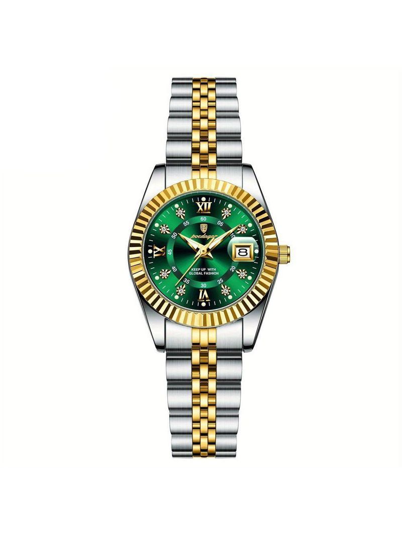 Relógio Feminino Elegante Com Strass Em Aço Inoxidável De Quartzo Casual Verde Dourado