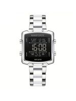 Relógio Digital Feminino Fashion Design Simples Quadrado Em Aço Inoxidavel Branco Prateado