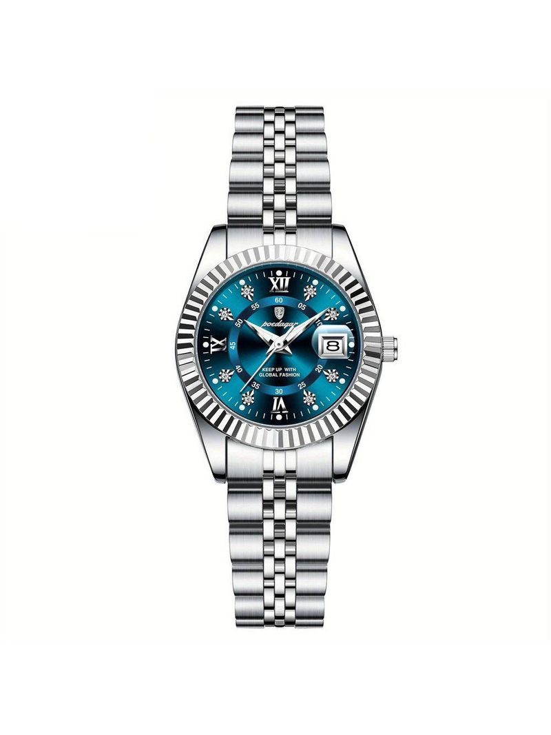 Relógio Feminino Elegante Com Strass Em Aço Inoxidável De Quartzo Casual Azul Prateado