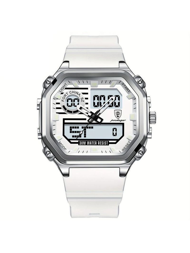 Relógio Esportivo Masculino Pulseira Em Silicone Display Híbrido Digital Analógico Branco Prata