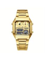 Relógio Digital Masculino Design Clássico Duplo Display Em Aço Inoxidável 3atm Dourado