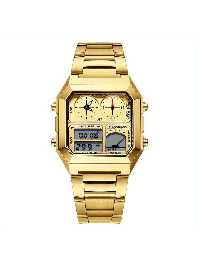 Relógio Digital Masculino Design Clássico Duplo Display Em Aço Inoxidável 3atm Dourado