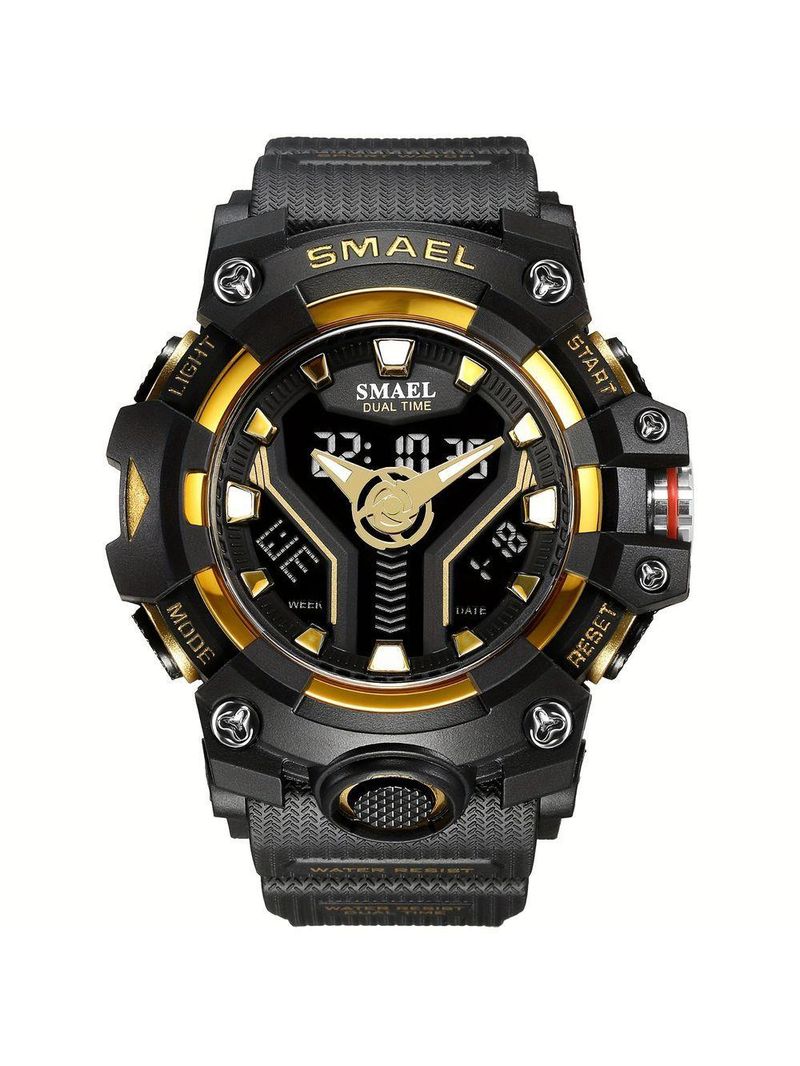 Relógio Esportivo Masculino Digital Dual Display Mostrador Luminoso À Prova Da Água Dourado
