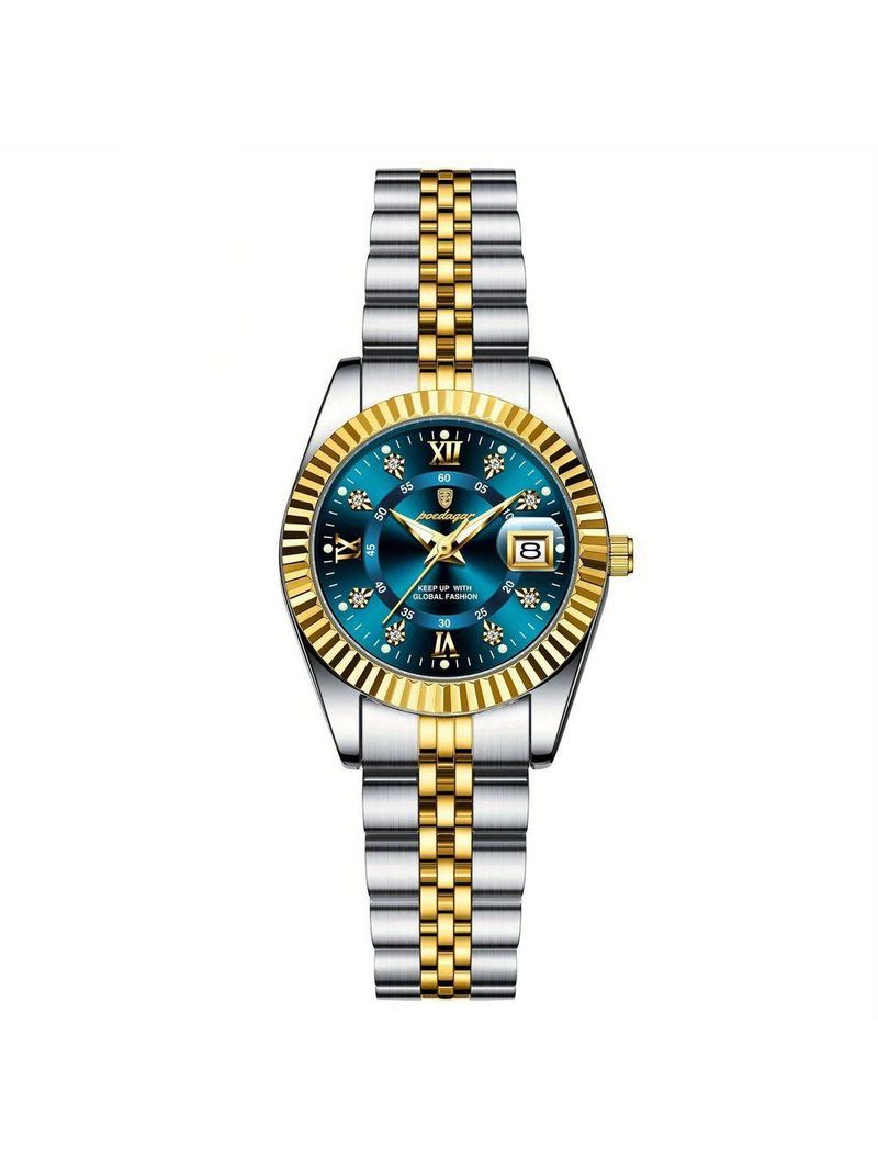 Relógio Feminino Elegante Com Strass Em Aço Inoxidável De Quartzo Casual Azul Dourado