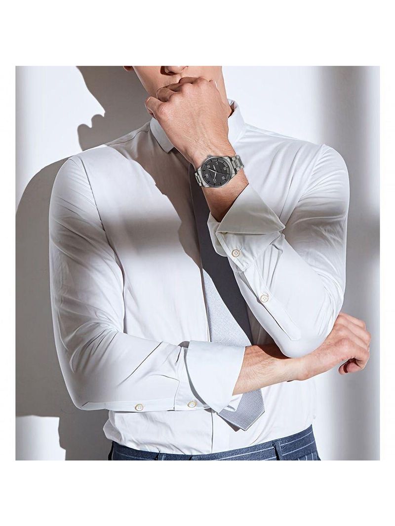 Relógio Masculino Pulseira Em Aço Inoxidável Movimento Quartzo Analógico Cinza