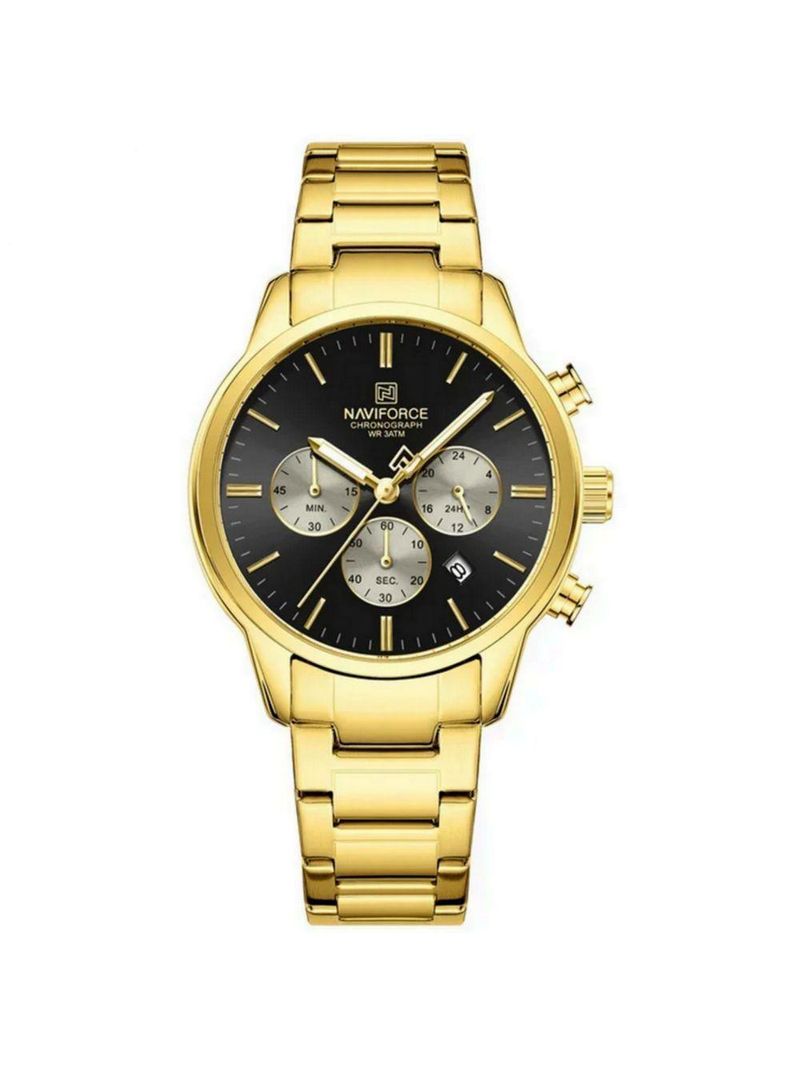 Relogio Masculino Esportivo Casual Quartzo Em Aço Inoxidável 30m À Prova Da Água Preto Dourado