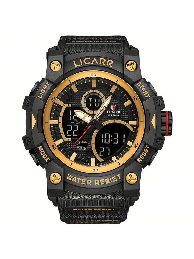 Relógio Desportivo Digital Masculino Duplo Display A Prova De água 5atm Estilo Casual Dourado Preto