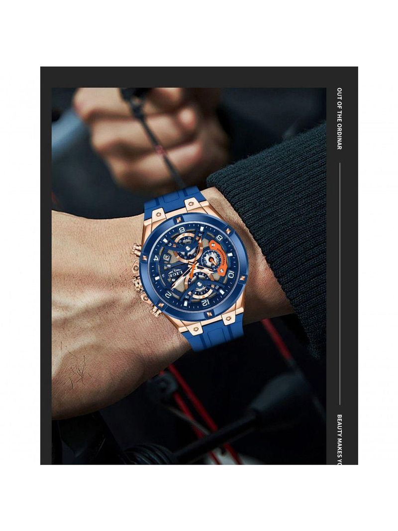 Relógio Esportivo Masculino Com Cronógrafo Movimento Quartzo Resistente Até 3atm Azul