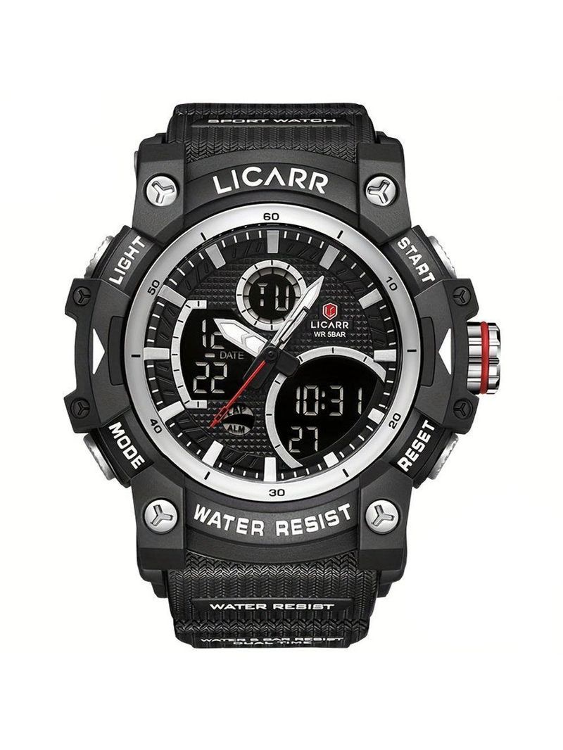 Relógio Desportivo Digital Masculino Duplo Display A Prova De água 5atm Estilo Casual Prateado Preto A